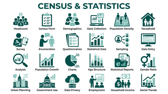 Census and statistics icons collection representing data analysis, demographics, and population management for research and planning