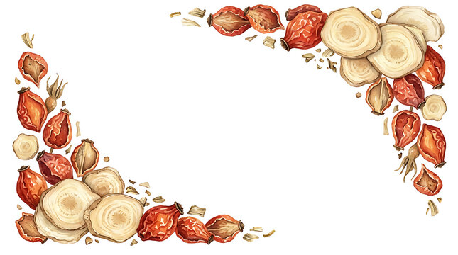 Watercolor frame of rosehips and ginger root slices, botanical border