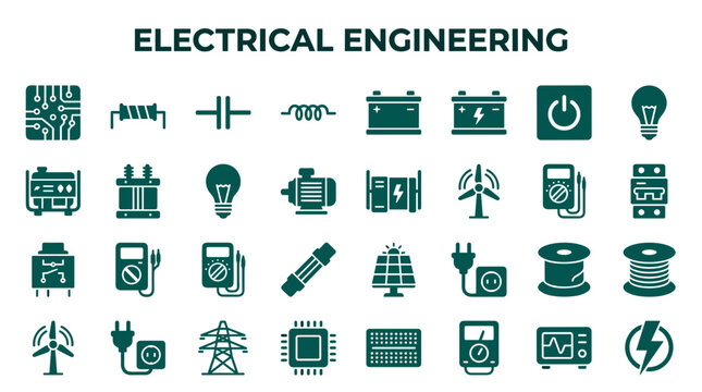 Electrical engineering concept icons and symbols collection representing power generation transmission and consumption with technology and industry elements