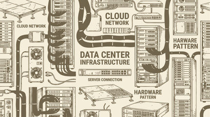 Obraz premium Isometric Digital Illustration of a Futuristic Data Center featuring Glowing Network Infrastructure Pattern with Server Room Hardware Connections and High-Speed Computing Technology