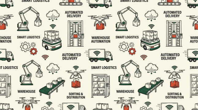 Smart industrial logistics warehouse automation pattern featuring automated robotic delivery system and supply chain technology in a modern distribution center background