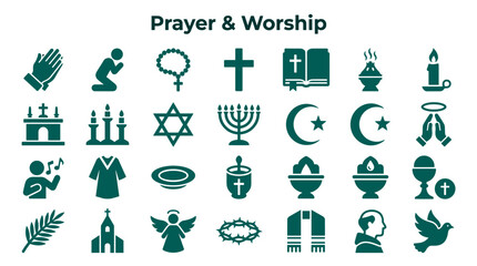 Naklejka premium Collection of religious symbols and icons representing prayer worship and diverse faith traditions including Christianity Islam Judaism and more