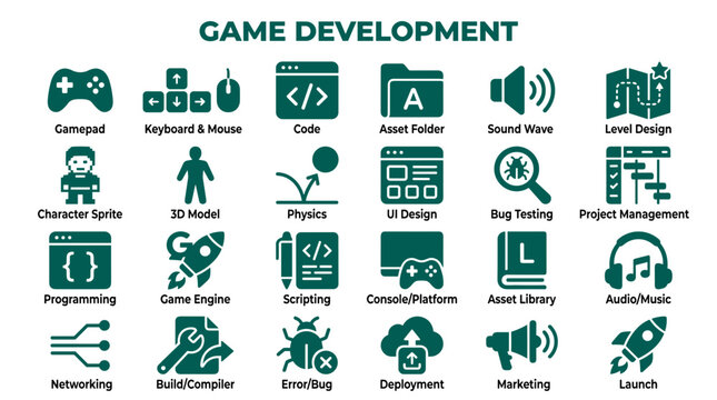 Game Development Icons Set Collection Diverse Elements for Digital Creation and Software Engineering Concepts