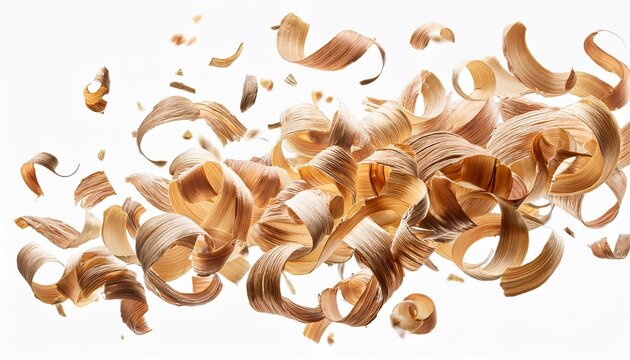 wood shavings floating in air scattered curly chips isolated on white background cutout background