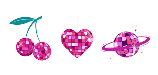 Fototapeta na wymiar Purple shiny disco balls shaped like cherries, heart and ringed planet. Retro nightclub and dance party vector illustration.