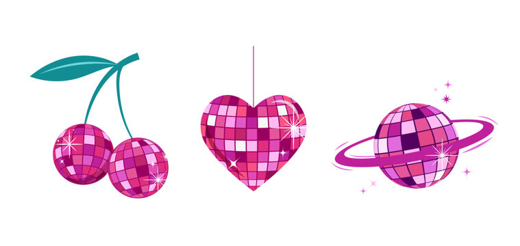 Purple shiny disco balls shaped like cherries, heart and ringed planet. Retro nightclub and dance party vector illustration.