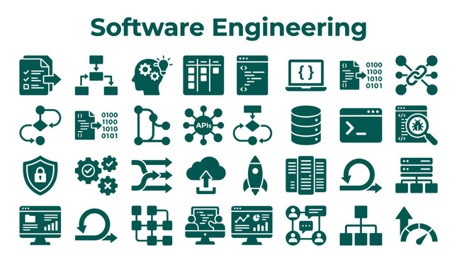 Software Engineering Icons and Symbols Representing Development Process Workflow Technology and Innovation