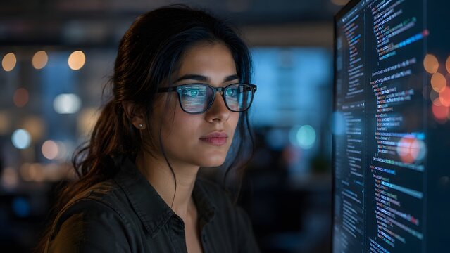 High resolution photo of a female software engineer coding on a computer at night. Best for cybersecurity, programming, and women in technology career features.