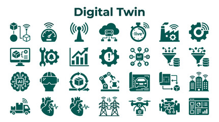 Fototapeta premium Digital Twin Technology Icons Representing Smart Industry Innovation and Futuristic Concepts