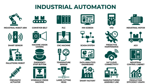 Industrial Automation Icons Set Featuring Robotic Arm Conveyor Belt PLC HMI Screen VFD Motor Smart Sensor and More for Manufacturing Technology Concepts