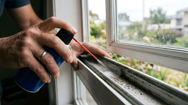 Close-up of a man's hands spraying silicone lubricant into a sliding window track for smooth operation; DIY home maintenance, repair, and cleaning of dirty window frames in a residential house.

