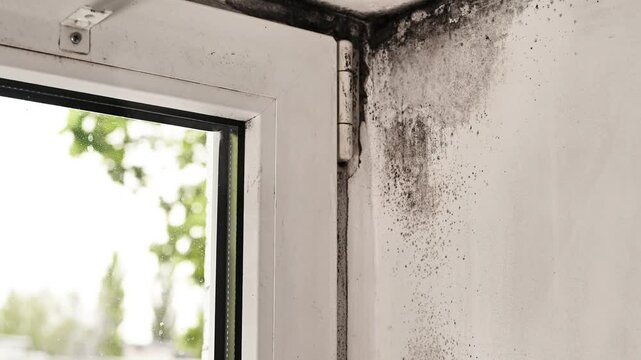 Dangerous black mold grows in corner between wall and ceiling near plastic window frame. Toxic fungus destroys indoor plaster due to high humidity, poor insulation. Home problem concept.