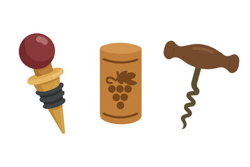 Fototapeta premium Flat vector illustration set with wine stopper, cork and corkscrew, isolated on white background.