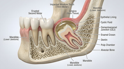 Fototapeta premium Impacted wisdom tooth with cystic fluid accumulation