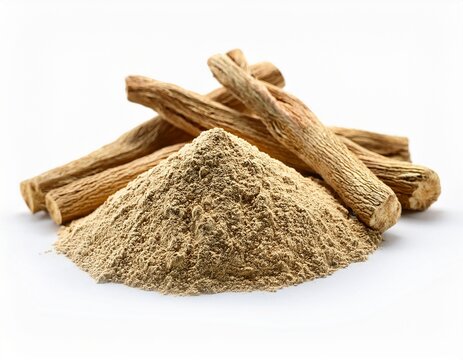 pile of dried ashwagandha roots paired with a small heap of ground powder ayurvedic herb isolated on white background