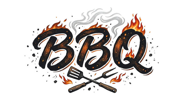 BBQ lettering with flames and grill tools isolated on transparent background, graphic element for summer cookout menus, restaurant branding, and food event invitations