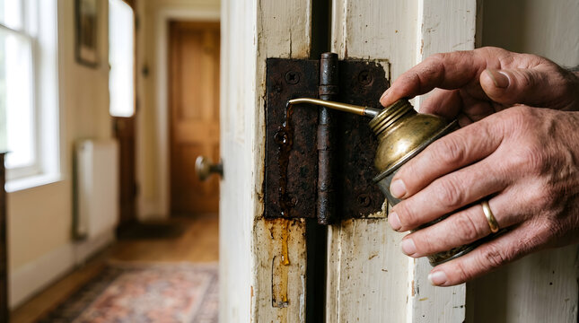 Close up of hands using a vintage brass oil can to lubricate a rusty metal door hinge in an old house, DIY home maintenance and repair work, squeaky door restoration and lubrication concept.
