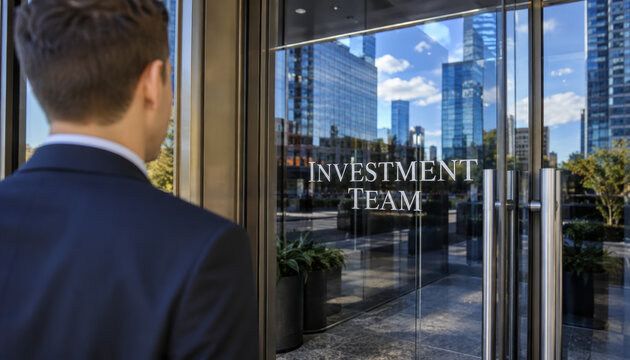 Man in suit approaching glass doors of investment team office