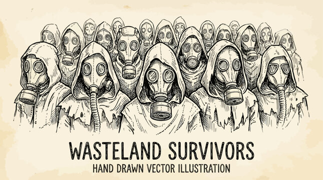 Hand-drawn artistic sketch portraying a crowd of twenty survivalists wearing protective gas masks within a desolate post-apocalyptic landscape, dystopian atmosphere, gritty pencil illustration.