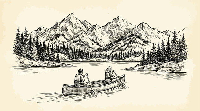 Minimalist line art illustration featuring seventeen people rowing canoe on serene mountain lake surrounded by majestic pine tree and wilderness landscape scenery in a clean sketch style