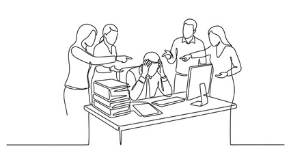 Fototapeta premium Continuous line drawing of a stressed office worker being pressured by colleagues
