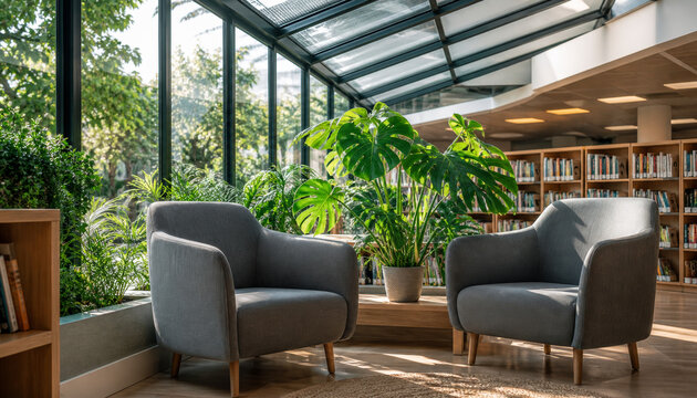 Cozy reading corner with plants and comfortable chairs in library