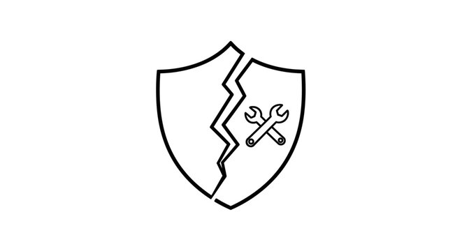 Cracked shield icon with crossed wrench and screwdriver, symbolizing security breach, system repair, maintenance, and technical support.