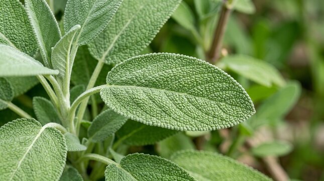 Close-up view of fresh green sage leaves in natural sunlight.