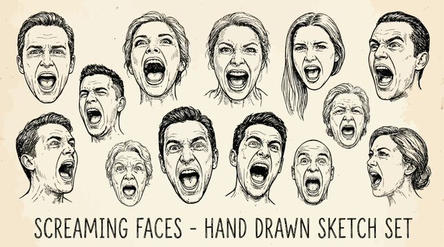 Thirteen artistic human faces sketch featuring wide open mouths screaming and yelling, capturing intense emotional expression, charcoal drawing of vocal distress and raw mental suffering.