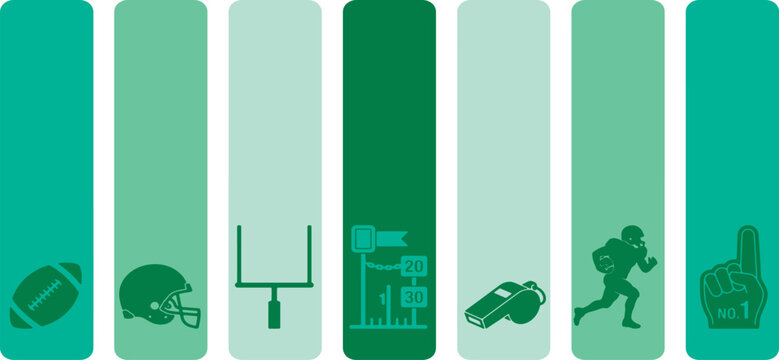 Collection of American football icons and symbols on a green background, representing the sport and game.