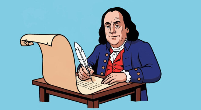 Ben Franklin vector illustration signing historic scroll document