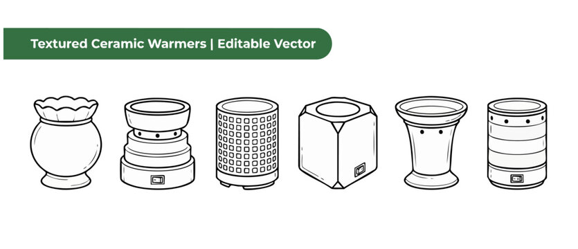 Ceramic wax warmer vector icons set in line art style for home fragrance, aromatherapy, and diffuser packaging design featuring modern geometric textured designs, minimalist outlines on white styling.
