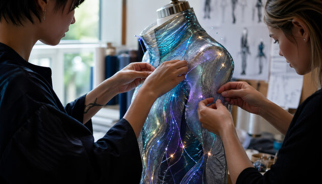 Designers working on illuminated dress in modern fashion studio