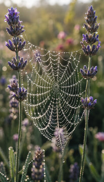 Delicate spider web adorned with dew over lavender flowers