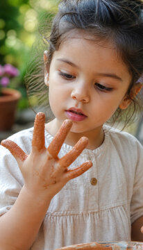 Young girl exploring creativity with messy hands in garden