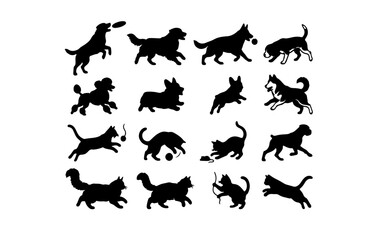 Obraz premium Cute Black Dog Cat Silhouette Clipart - Running Jumping Playful Pet Icons Pack