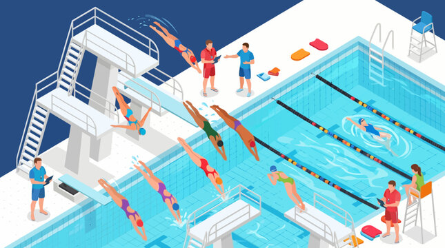 Overhead view of people swimming and diving in a large indoor pool with lanes and a diving board