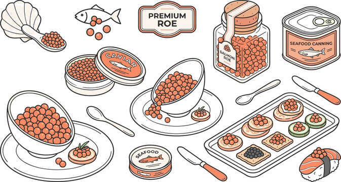 Premium seafood red caviar and salmon roe vector element set featuring jars cans bowls and gourmet canape appetizers.
