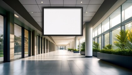 Fototapeta premium modern university campus hallway featuring a blank poster frame mockup for student events
