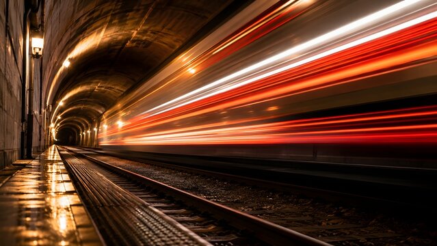 Abstract light trails of a fast moving train inside a dark underground tunnel Suitable for speed and technology or public transit and urban motion blur themes