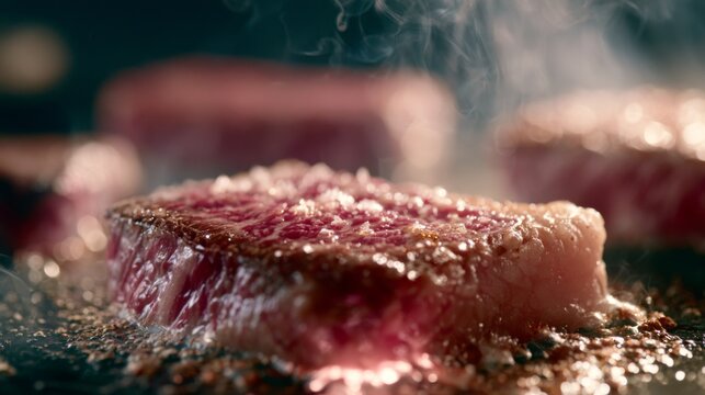 Close-Up Macro Shot of Melted Wagyu Beef Marbling on Hot Grill with Steam Rising for Culinary Visual Appeal