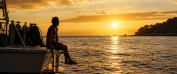 Obraz premium Man enjoying sunset view from boat by the ocean