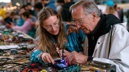 Fototapeta premium Community repair cafe interior on a busy weekend afternoon, volunteer repair specialist teaching a retired man how to diagnose a broken toaster motor, soldering tools and disassembled electronics co