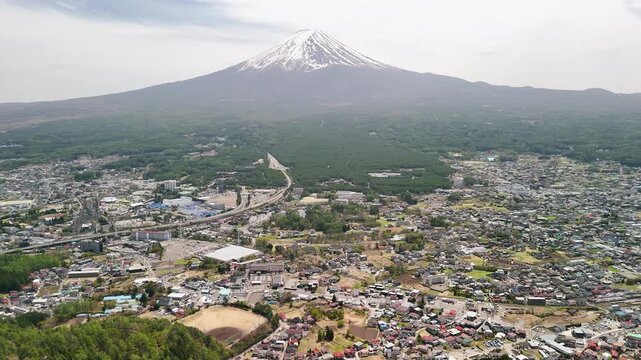 Kawaguchiko ropeway panorama Mount Fuji lake reflection townscape