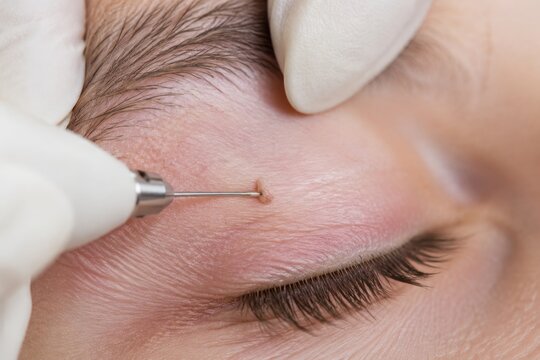 Dermatologist performing skin tag removal near eye of woman. Electrocoagulation procedure for mole and wart excision. Professional cosmetic surgery and clinical skincare treatment.