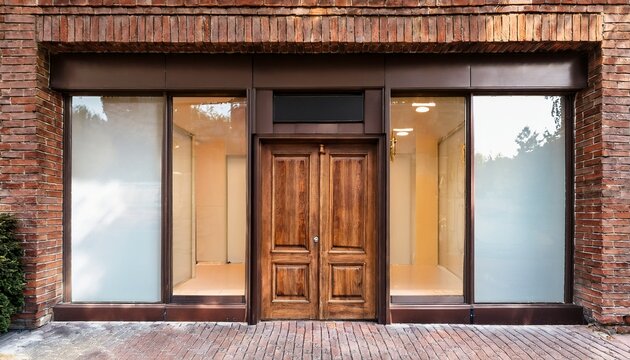 a storefront with a wooden door and brick facade
