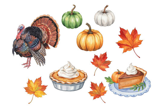 
A collection of autumn-themed watercolor illustrations including a turkey, three pumpkins, three maple leaves, a pumpkin pie with whipped cream, and a slice of pumpkin pie on a plate with a small pum