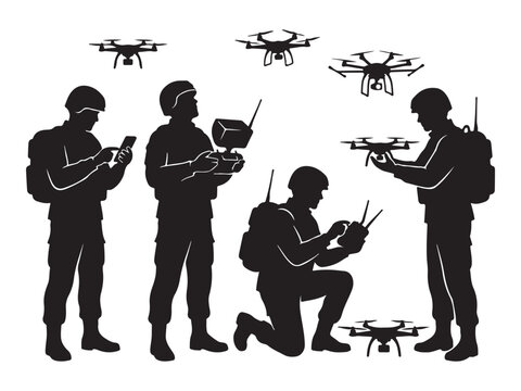 Silhouettes of Soldiers Operating Military Drones and UAV Technology