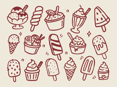 Hand drawn ice cream doodle set in clean line art style. Cute summer dessert collection with popsicle, sundae and milkshake illustration perfect for sticker and menu design