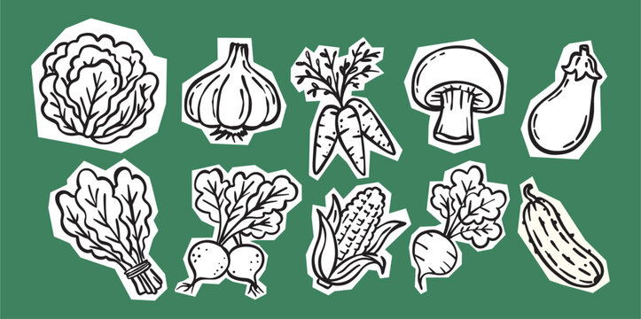 hand drawn vegetable doodle sticker set in scrapbook aesthetic style. organic farm produce illustration perfect for journaling, planner, diy craft and healthy food design projects